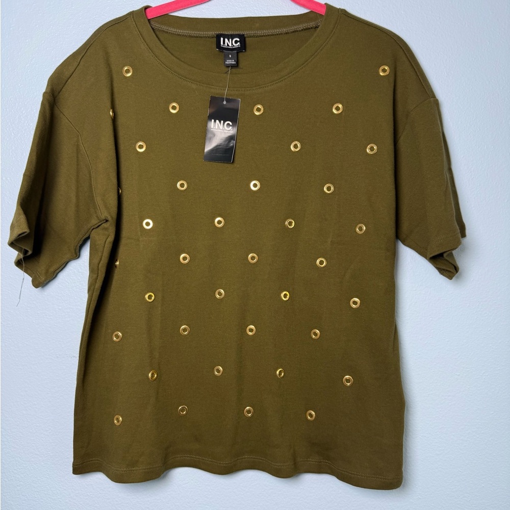 INC International Concepts Olive Green Short Sleeve Top with Gold Eyelets